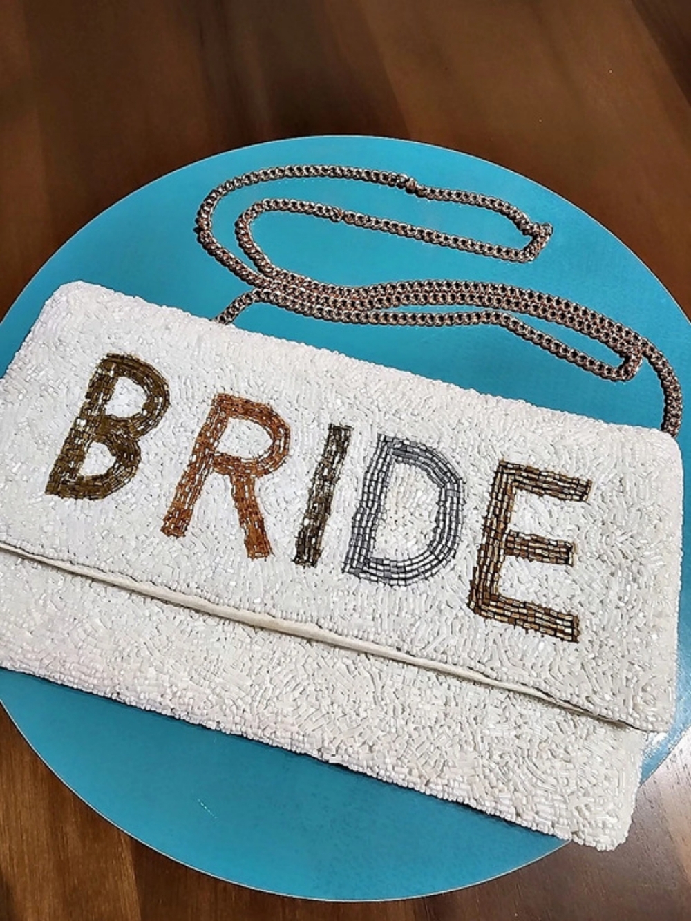 Francesca's Collections White Beaded 'BRIDE' Clutch with Multicolor Lettering